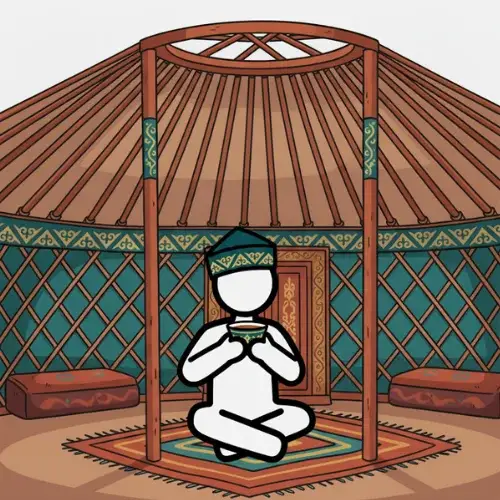 A person in a yurt drinking a beverage